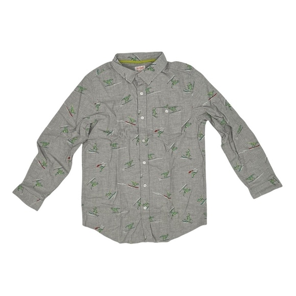 NWT Cat & Jack Gray Surfing Dinosaur Print Button Up Shirt Size XL Husky Boy's - Picture 1 of 8